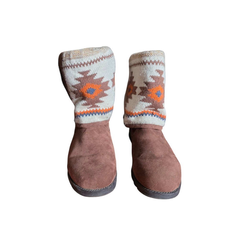 Suede Ankle Boots Aztec Knit Cuff Foldable Warm Winter Brown Boots Size 6